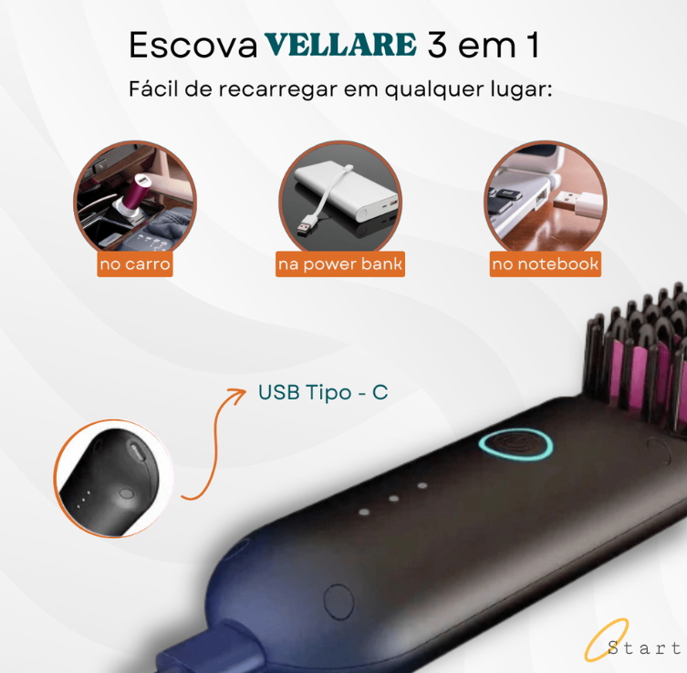 Escova Portátil Vellare 3 em 1 - Seca, Alisa e Modela
